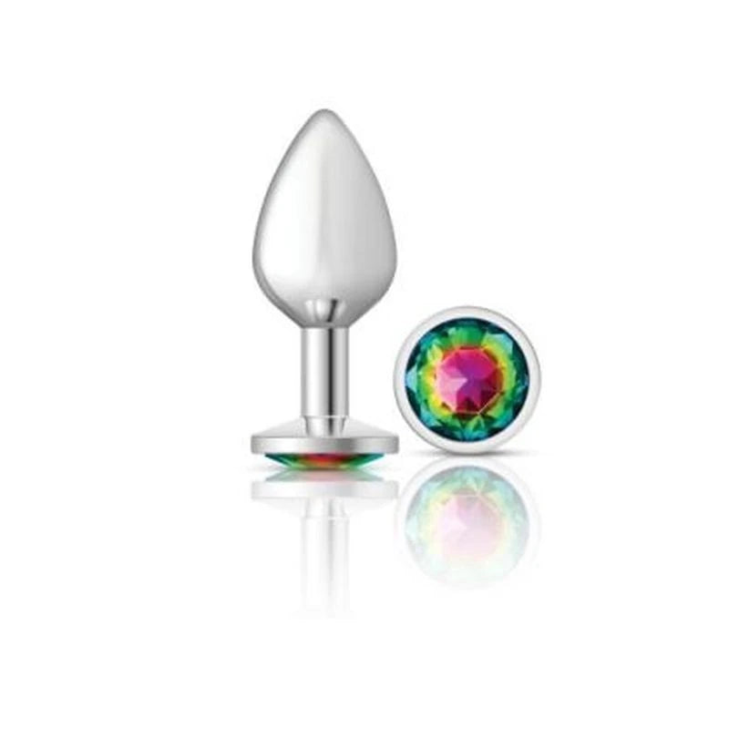 Cheeky Charms Silver Round Butt Plug With Rainbow Jewel Butt Plugs