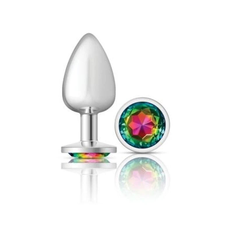 Cheeky Charms Silver Round Butt Plug With Rainbow Jewel Butt Plugs