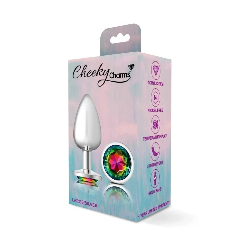 Cheeky Charms Silver Round Butt Plug With Rainbow Jewel Butt Plugs