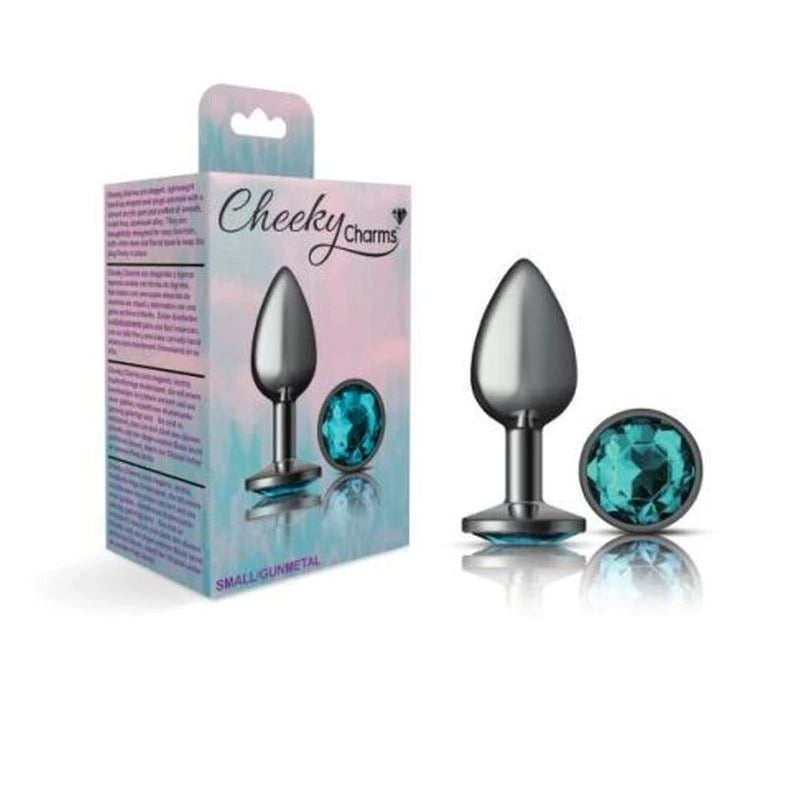 Cheeky Charms Gunmetal Round Butt Plug With Teal Jewel Butt Plugs