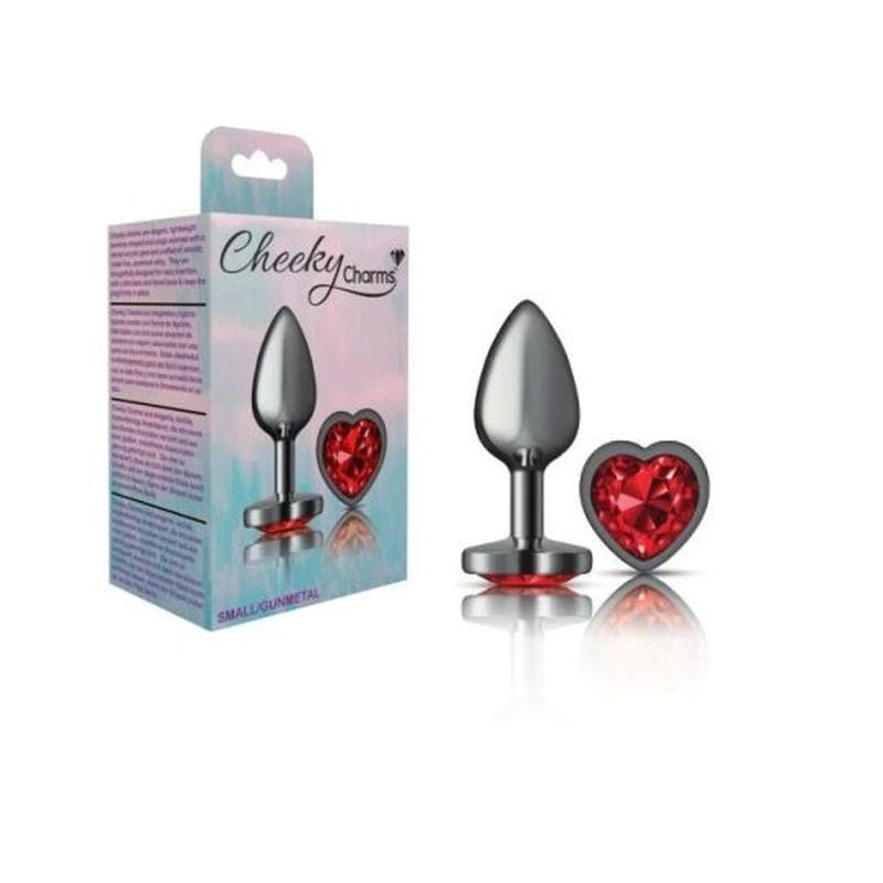 Cheeky Charms Gunmetal Anal Plug With Heart Red Jewel Butt Plugs