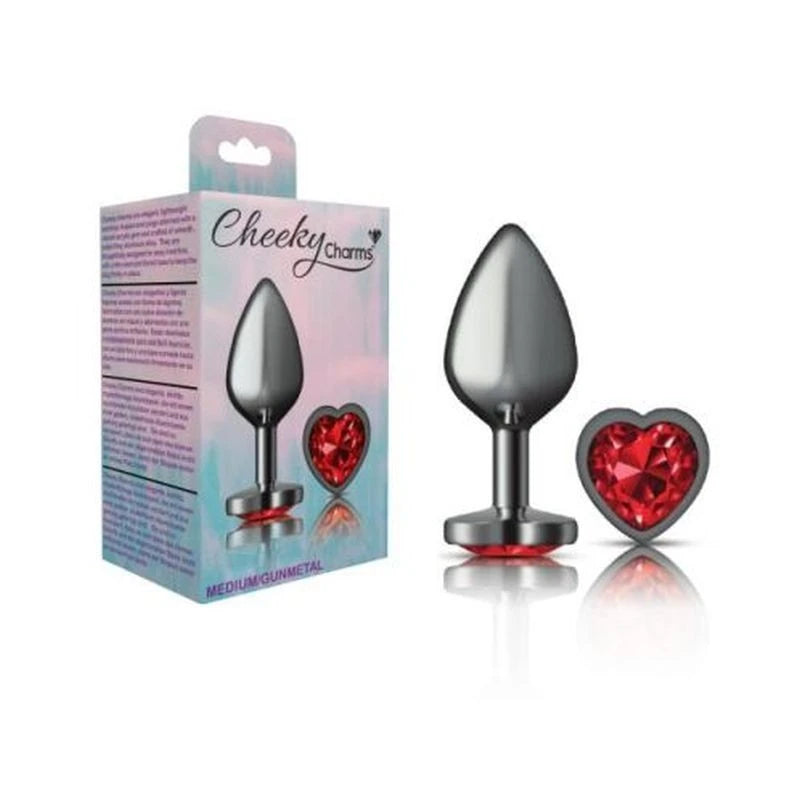 Cheeky Charms Gunmetal Anal Plug With Heart Red Jewel Butt Plugs