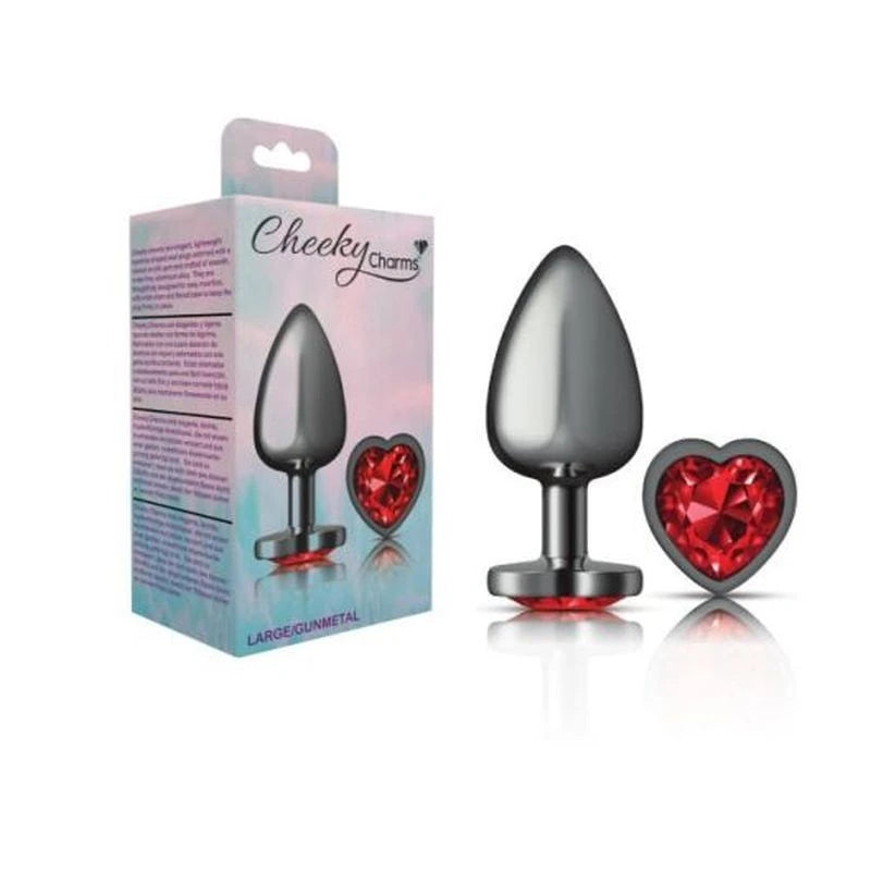 Cheeky Charms Gunmetal Anal Plug With Heart Red Jewel Butt Plugs