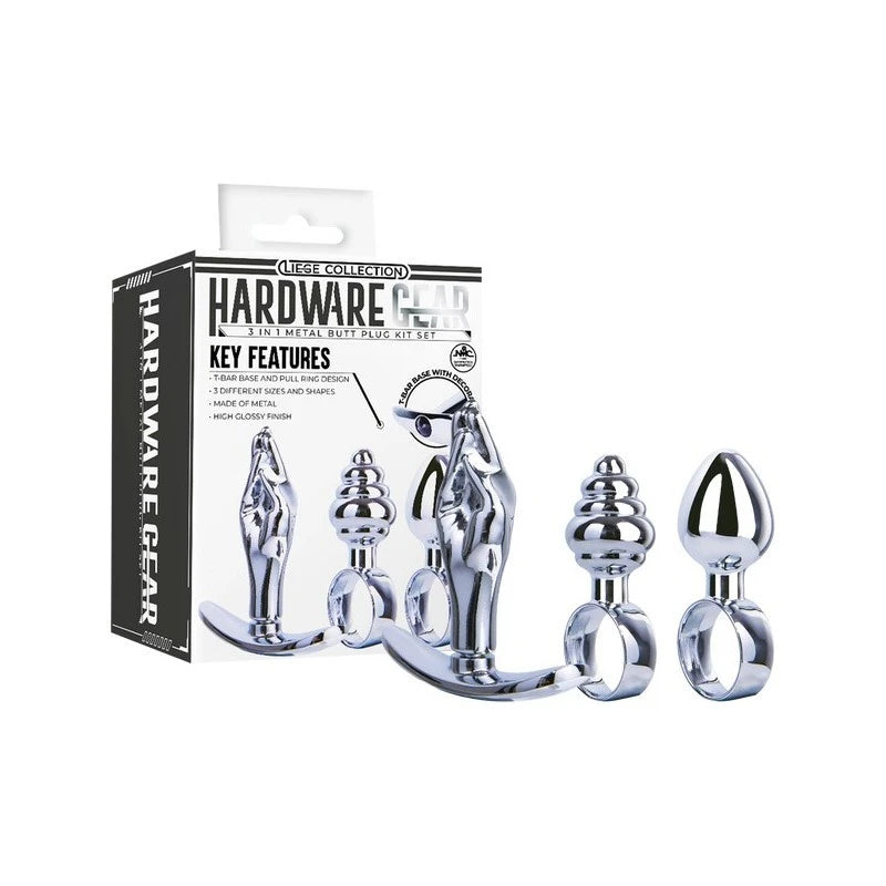 Hardware Gear 3 In 1 Metal Butt Plug Kit Set Chrome Butt Plugs