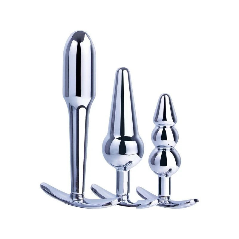 Hardware Gear 3 In 1 Metal Butt Plug Kit Set With Pull Ring Design Chrome Butt Plugs