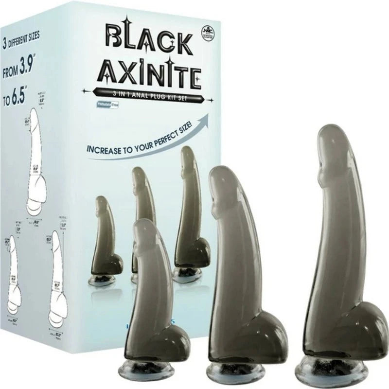 Black Axinite 3-in-1 Suction Cup Base Anal Plug Kit Butt Plugs