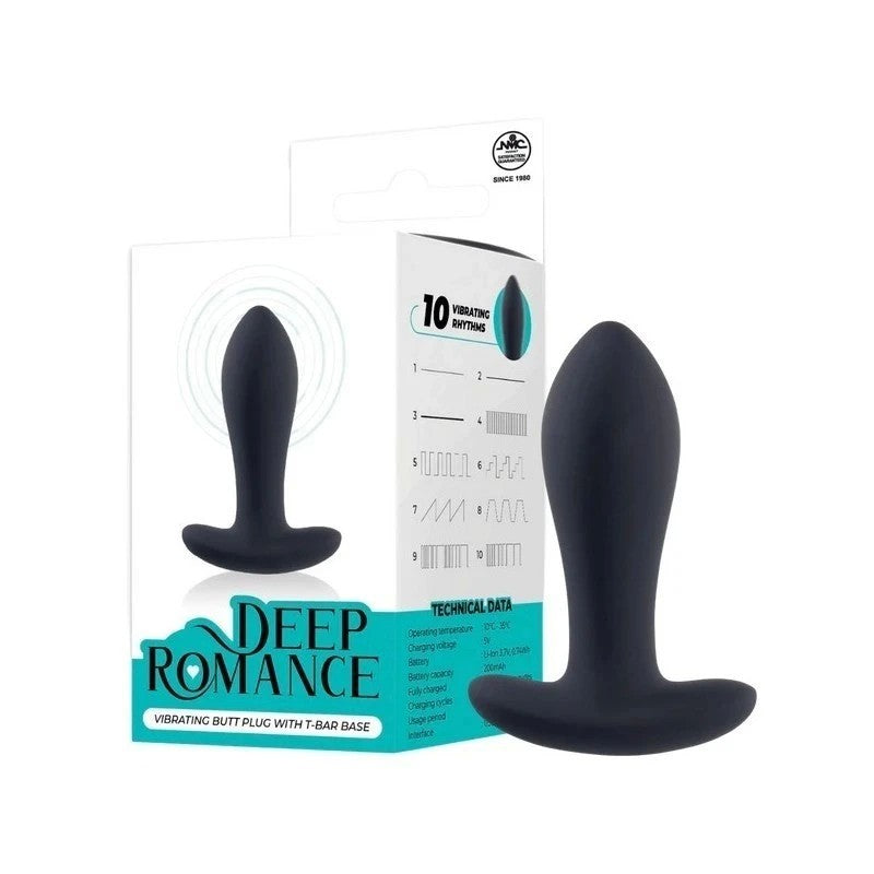 Deep Romance Rechargeable Vibrating Butt Plug with T Bar Base Black Butt Plugs
