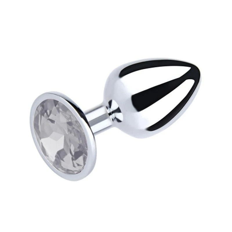 Love In Leather Metal Butt Plug With Round Gem Clear Medium Butt Plugs