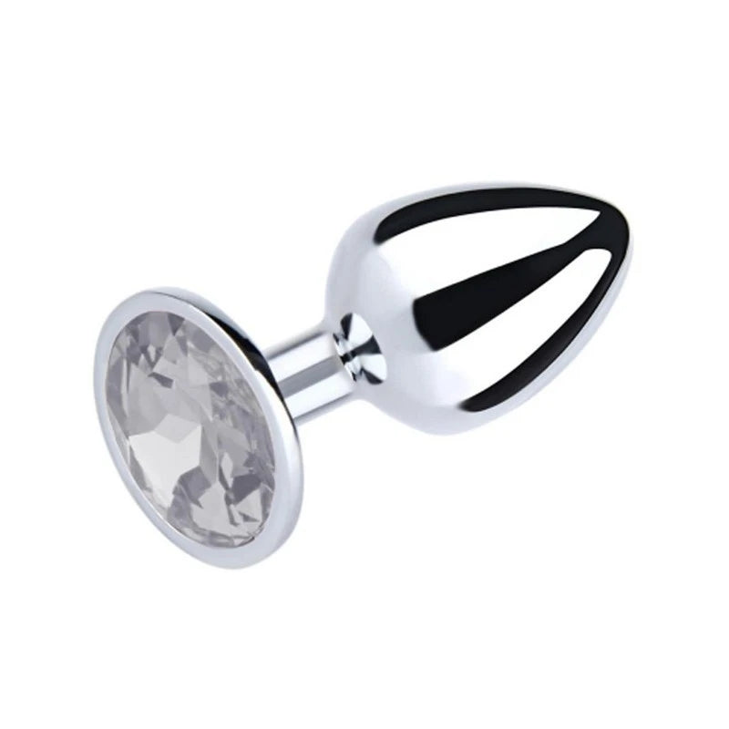 Love In Leather Metal Butt Plug With Round Gem Clear Medium Butt Plugs