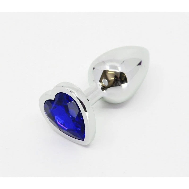 Love In Leather Metal Anal Plug With Heart Gem Blue Butt Plugs