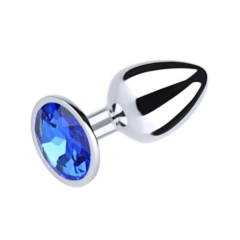 Love In Leather Round Gem Metal Anal Plug Blue Large Silver Chrome Butt Plugs