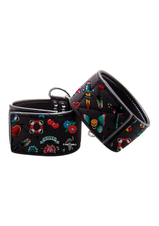 Shots Toys Old School Tattoo Style Printed Hand Cuffs - Cuffs And Restraints