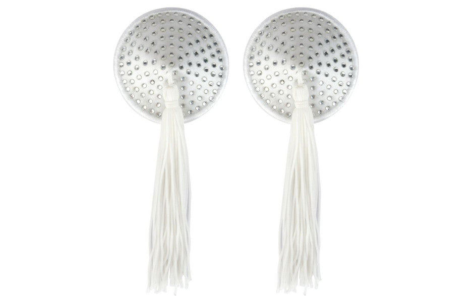 Peekaboo White Satin With White Stone & Tassel Pasties White Fancy Dress Ups