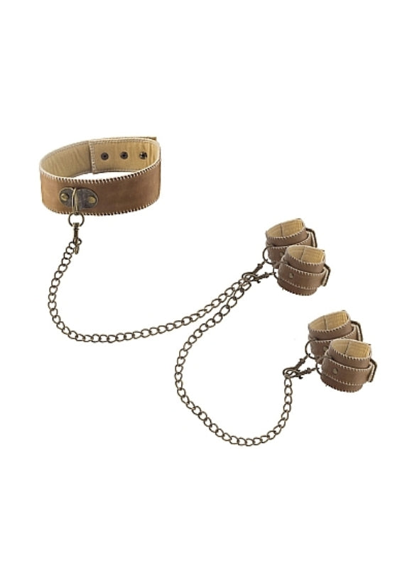 Ouch! Collar With Hand And Leg Cuffs Brown Cuffs and Restraints