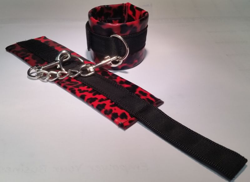 Red Leopard Cuffs and Collar with Leash Collars and Leads