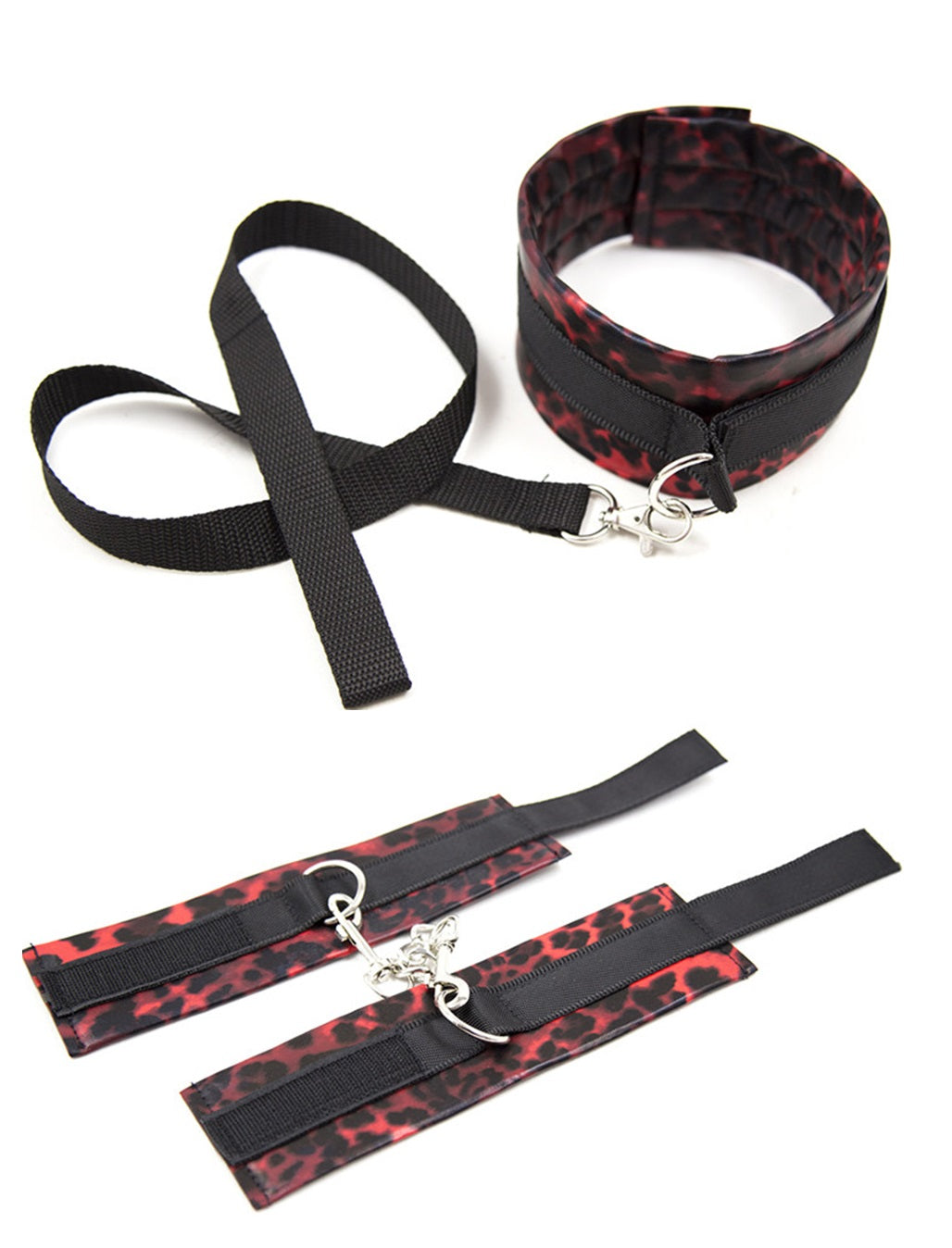 Red Leopard Cuffs and Collar with Leash Collars and Leads