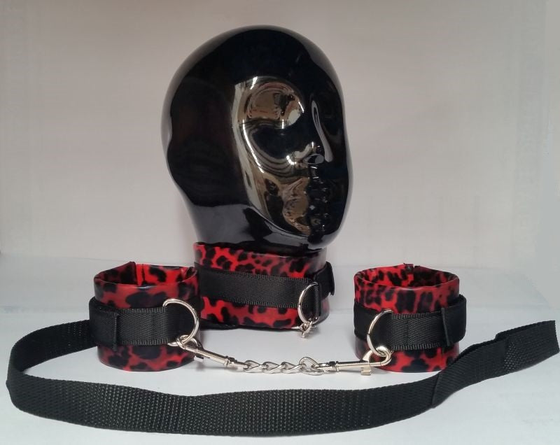 Red Leopard Cuffs and Collar with Leash Collars and Leads