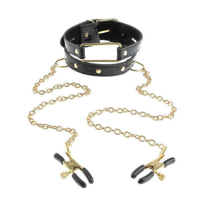 Fetish Fantasy Gold Collar and Nipple Clamps Black Nipple and Clit Clamps
