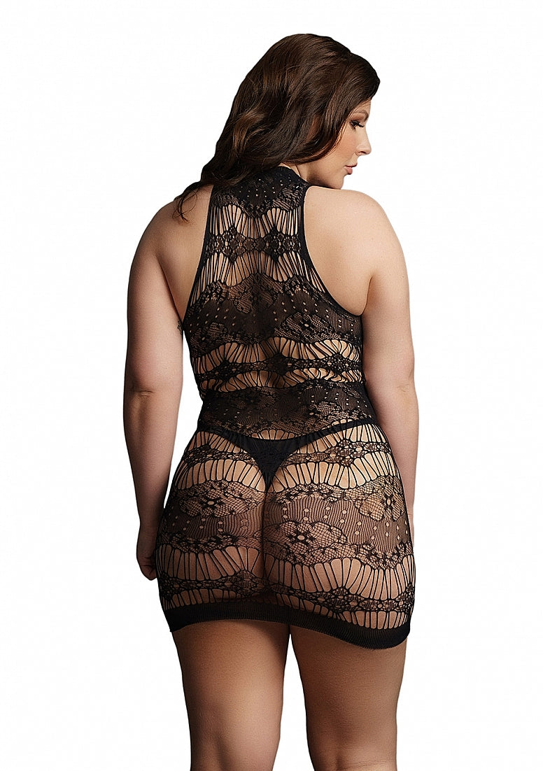 Le Desir High Criss Cross Key Hole Neck Mini Dress Black Body Stockings