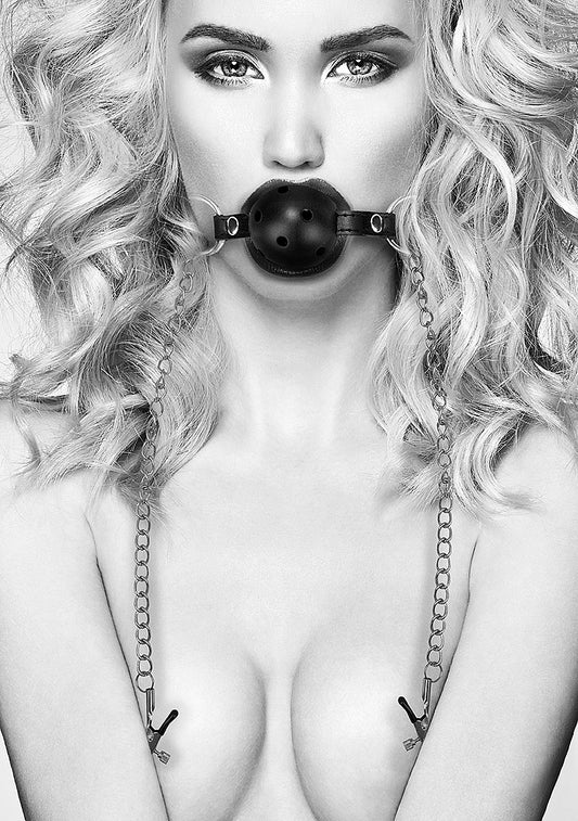 Shots Toys Breathable Bondage Ball Gag With Nipple Clamps - Bondage Gags and Bits