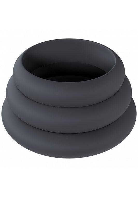 Shots LEVELZ Wide O Silicone Cock Ring Set of 3 Sizes L/XL/2X Black Cock Ring Sets