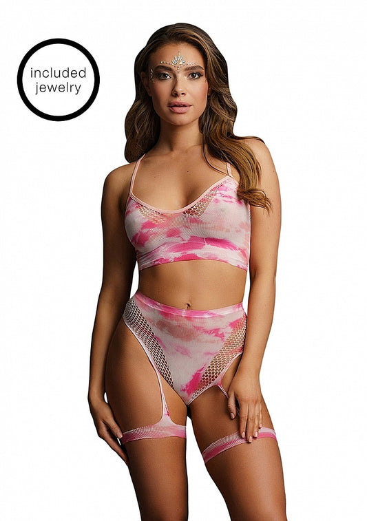 Shots 2 Piece Tie Dye Sexy Bra Set with Garters - Bras and Bra Sets