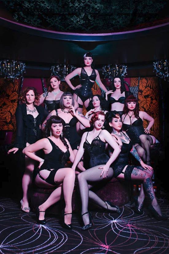 Group photo of Bombshell Burlesque performers