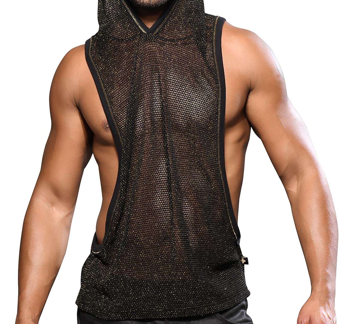 Andrew Christian Golden Mesh Mens Gym Hoodie Black / Gold His Fetish