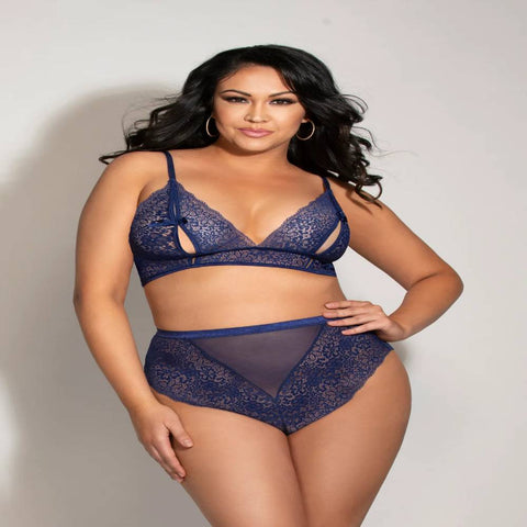 Seven Til Midnight Two Piece Lace Bralette Set with Peek-A-Boo Cups and High Waisted Panty Queen - Bras and Bra Sets