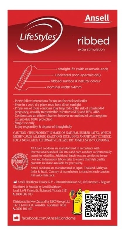 Ansell Lifestyle Ribbed Condoms 12 Pk Condoms