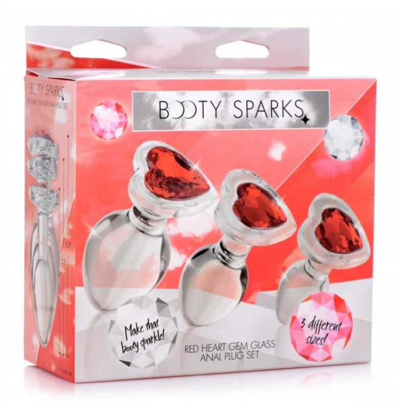 Booty Sparks Red Heart Gem Glass Anal Plug Set Butt Plugs