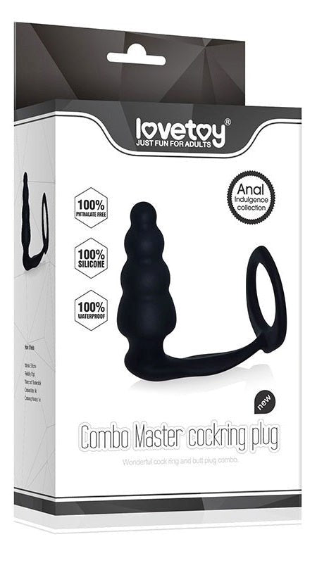 Combo Master Cockring Plug Black - Stretchy Cock Rings