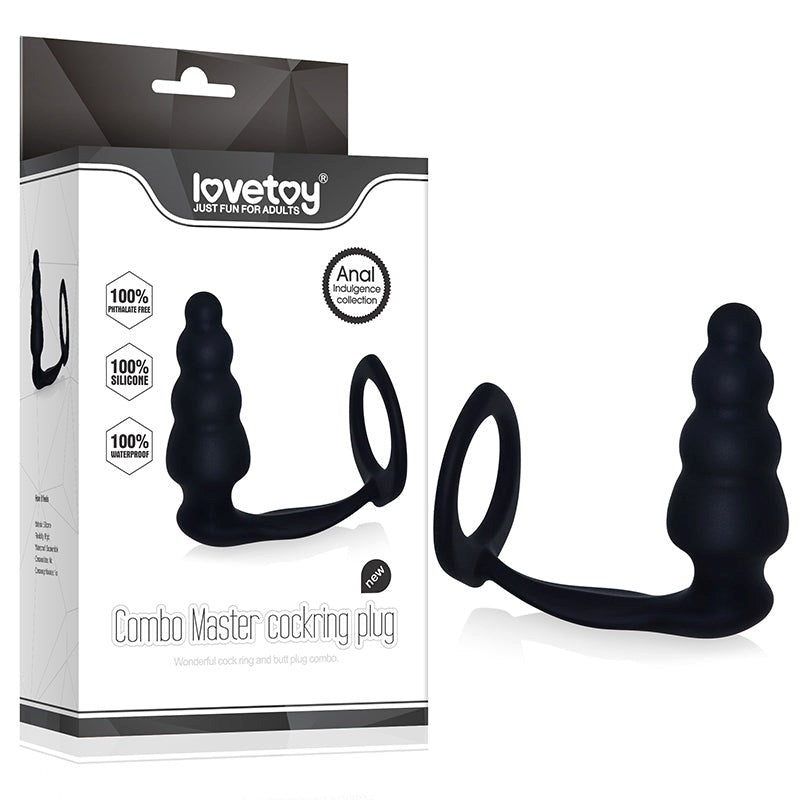 Combo Master Cockring Plug Black Stretchy Cock Rings