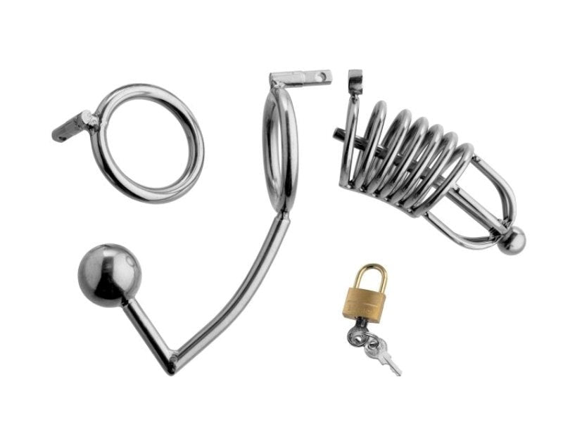 Condemned Penetration Cage with Anal Urethral Insertion Penis Plugs