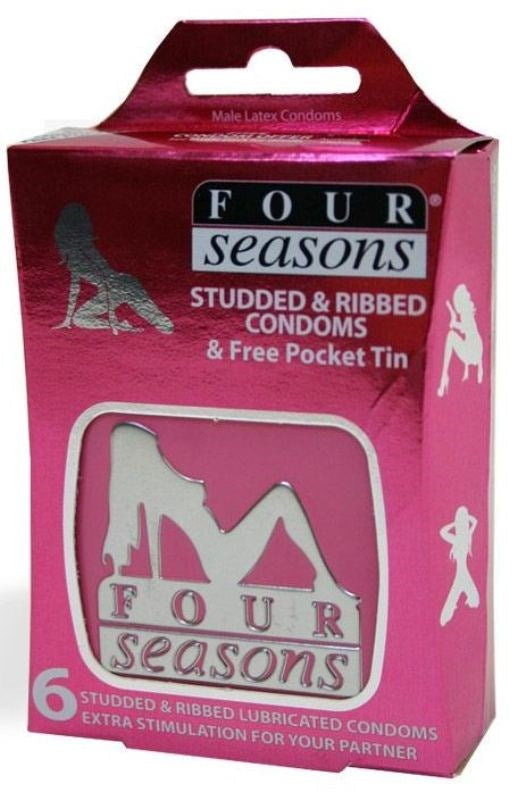 Four Seasons Studded and Ribbed Condoms in Pocket Tin 6 pack Condoms