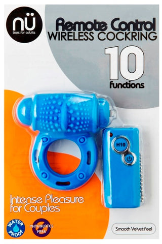 Nu Sensuelle 10 Function Remote Control Wireless Cockring Blue - Cock Rings