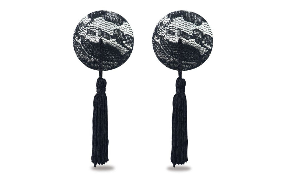 Lovetoy Reusable Black Lace Round Tassel Nipple Pasties Breast and Nipple Toys