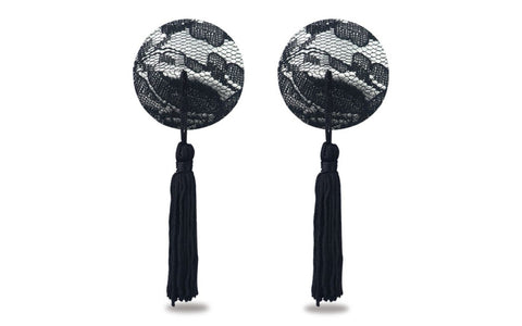 Lovetoy Reusable Black Lace Round Tassel Nipple Pasties - Breast and Nipple Toys