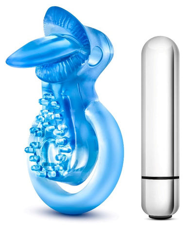 Stay Hard 10 Function Vibrating Tongue Cock Ring Blue - Vibrating Cock Rings