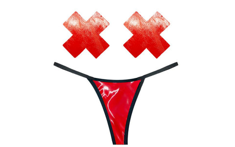 Neva Nude Vixen Red Wet Vinyl Womens Pastie & G String Set - G-Strings, Panties and Shorts
