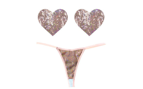 Neva Nude Bubbly Feels Nude Sequin Pantie & Heart Shapes Pastie Set - G-Strings, Panties and Shorts
