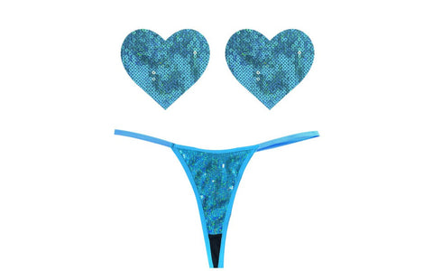 Neva Nude Mahi Mahi Blue Sequin G String & Heart Shapes Pastie Set - G-Strings, Panties and Shorts