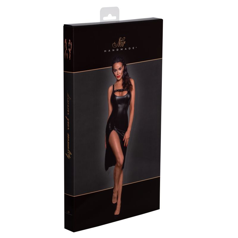 Noir Handmade Womens Power Wetlook Midi Dress With Front Zipper Black Her Fetish