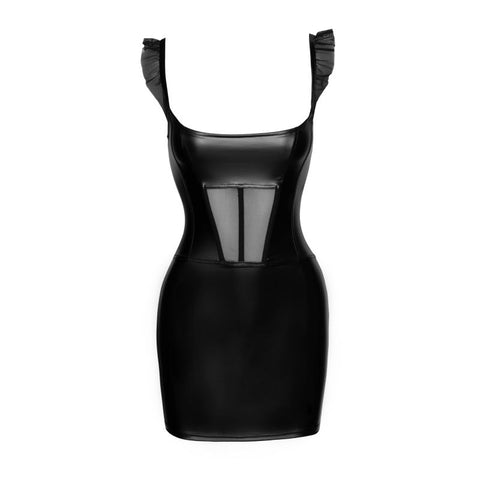 Noir Handmade Power Wetlook Short Dress With Front Tulle Inserts Black - Her Fetish