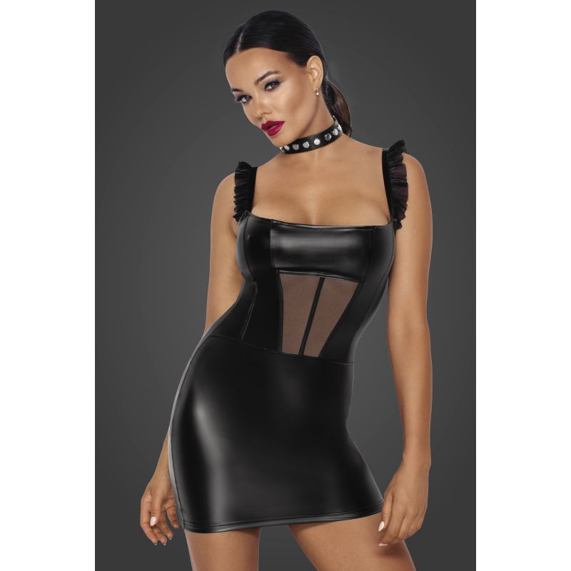 Noir Handmade Power Wetlook Short Dress With Front Tulle Inserts Black Her Fetish