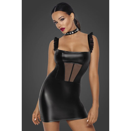 Noir Handmade Power Wetlook Short Dress With Front Tulle Inserts Black - Her Fetish