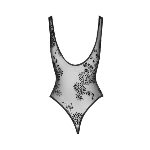 Noir Handmade Womens Tulle Bodysuit With Patterned Flock Embroidery Black - Her Fetish