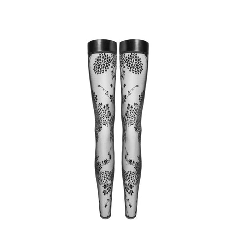 Noir Handmade Tulle Stockings With Patterned Flock Embroidery and Power Wetlook Band Black - Her Fetish