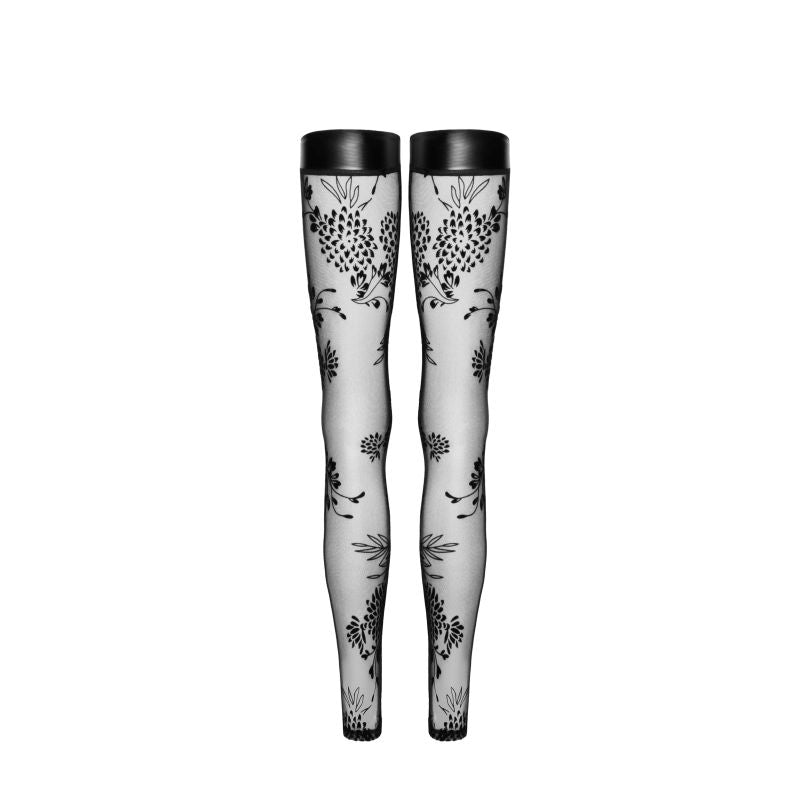 Noir Handmade Tulle Stockings With Patterned Flock Embroidery and Power Wetlook Band Black Her Fetish