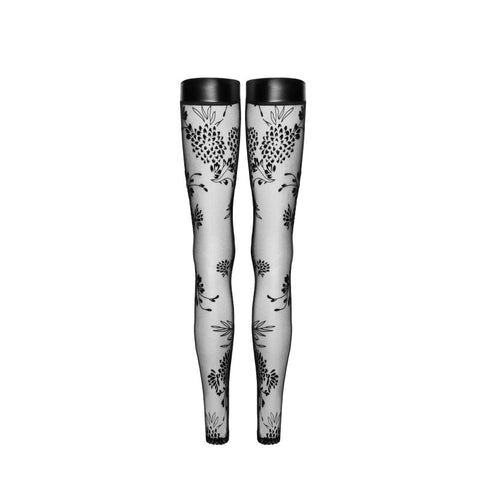 Noir Handmade Tulle Stockings With Patterned Flock Embroidery and Power Wetlook Band Black - Her Fetish